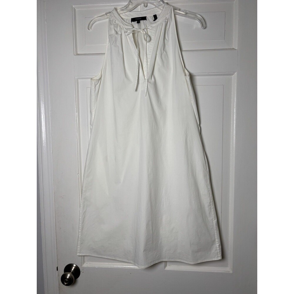 Theory Minimalist White Cotton Sleeveless V-Neck Tie Pockets Shirt Dress Women 8